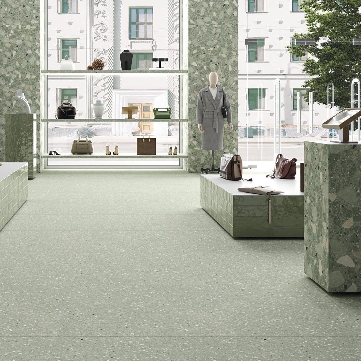 Interior con Pavimento Niza-R Verde 80x80