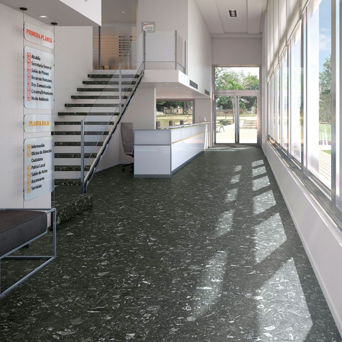 Interior con Pavimento Luna-R Negro 119,3x119,3