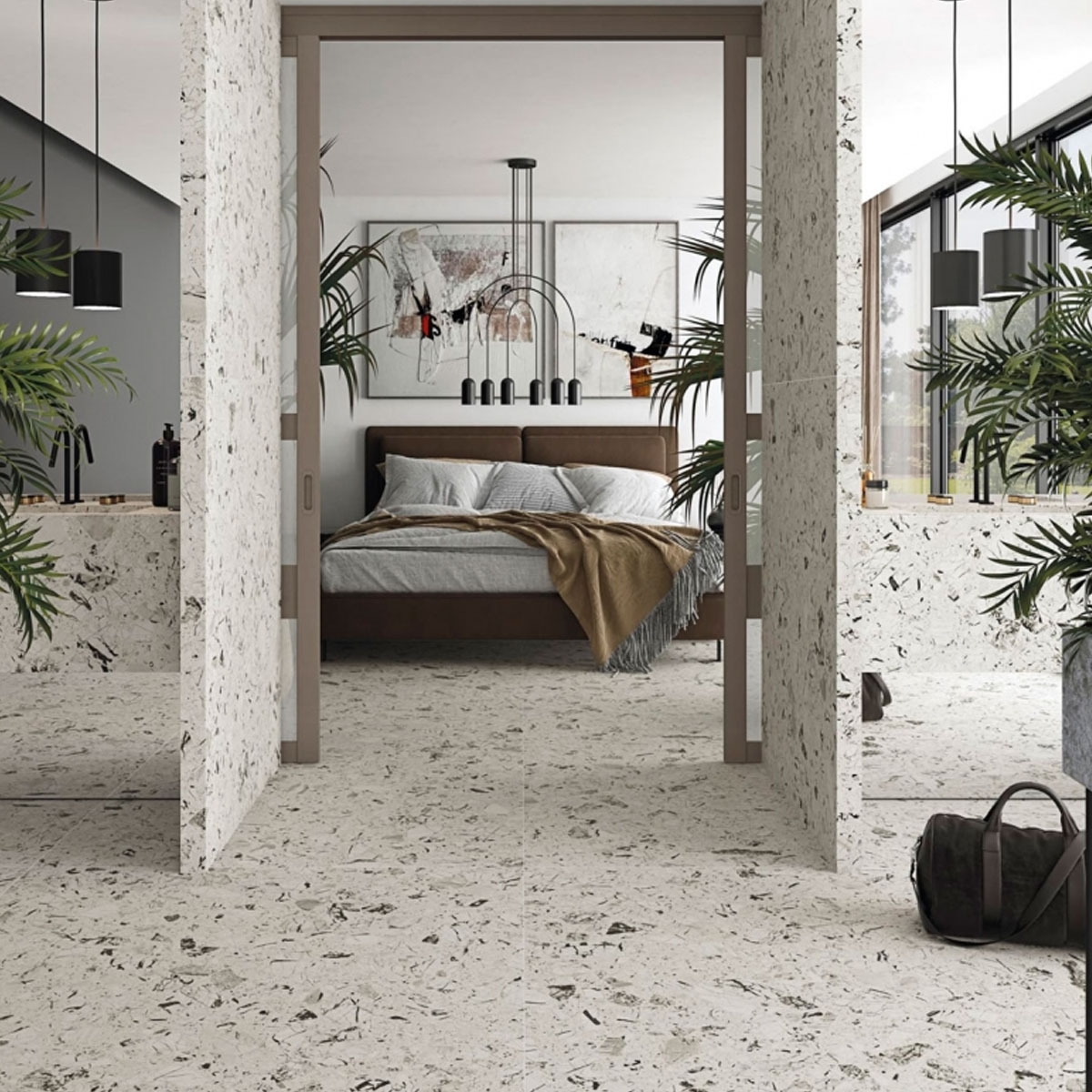 Interior con Pavimento Luna-R Blanco 119,3x119,3