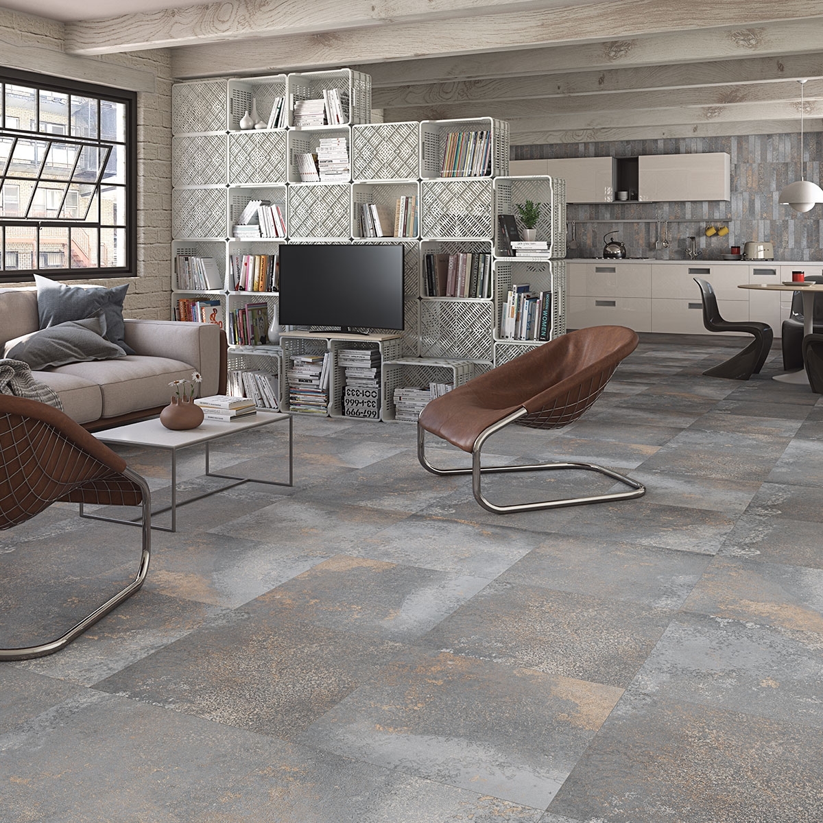 Sala con Pavimento Yuri-R Grafito 58.3x58.3