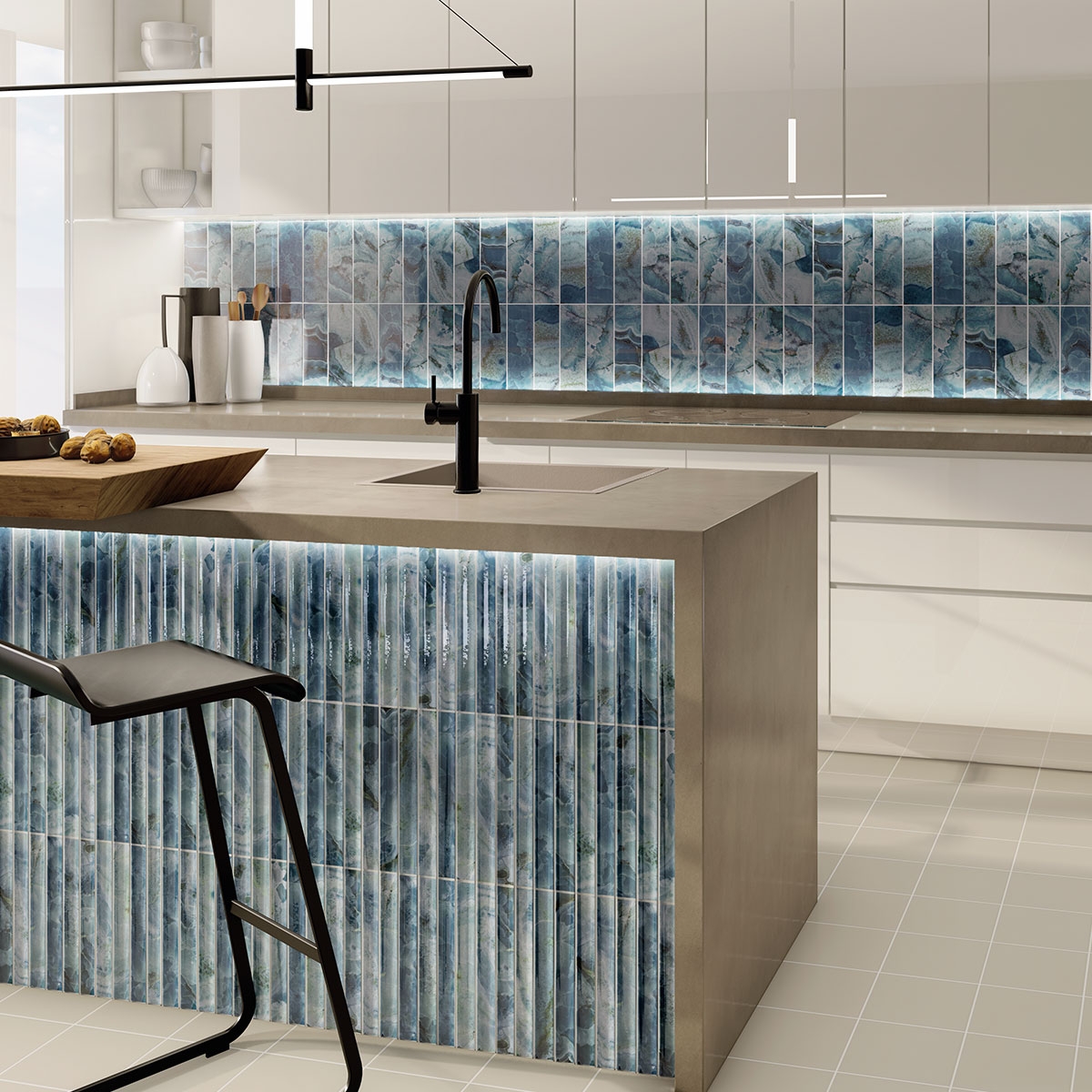 Interior con revestimiento Chloe Wave Aqua 15x30