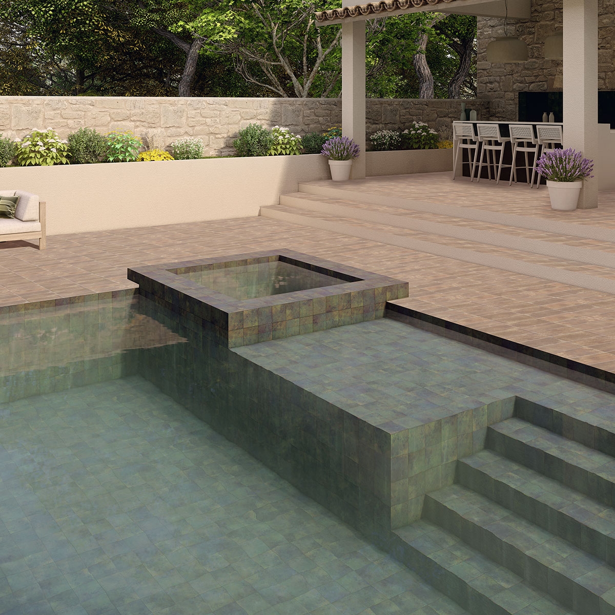 Exterior con pavimento y revestimiento Lagoon Green 15x15