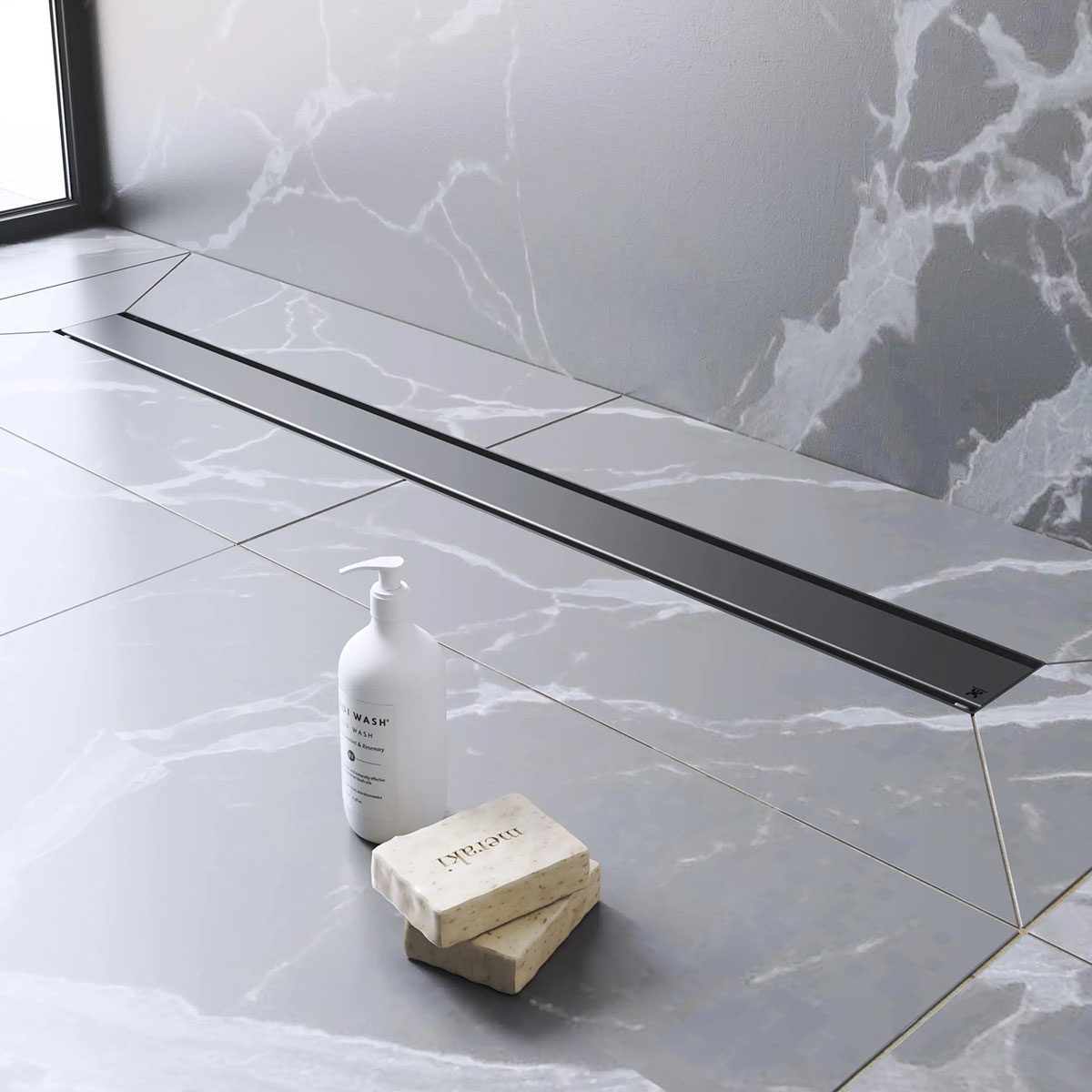 Baño con Kit de Ducha Completo Evolux Ruber Lineal Rejilla Lisa Dark