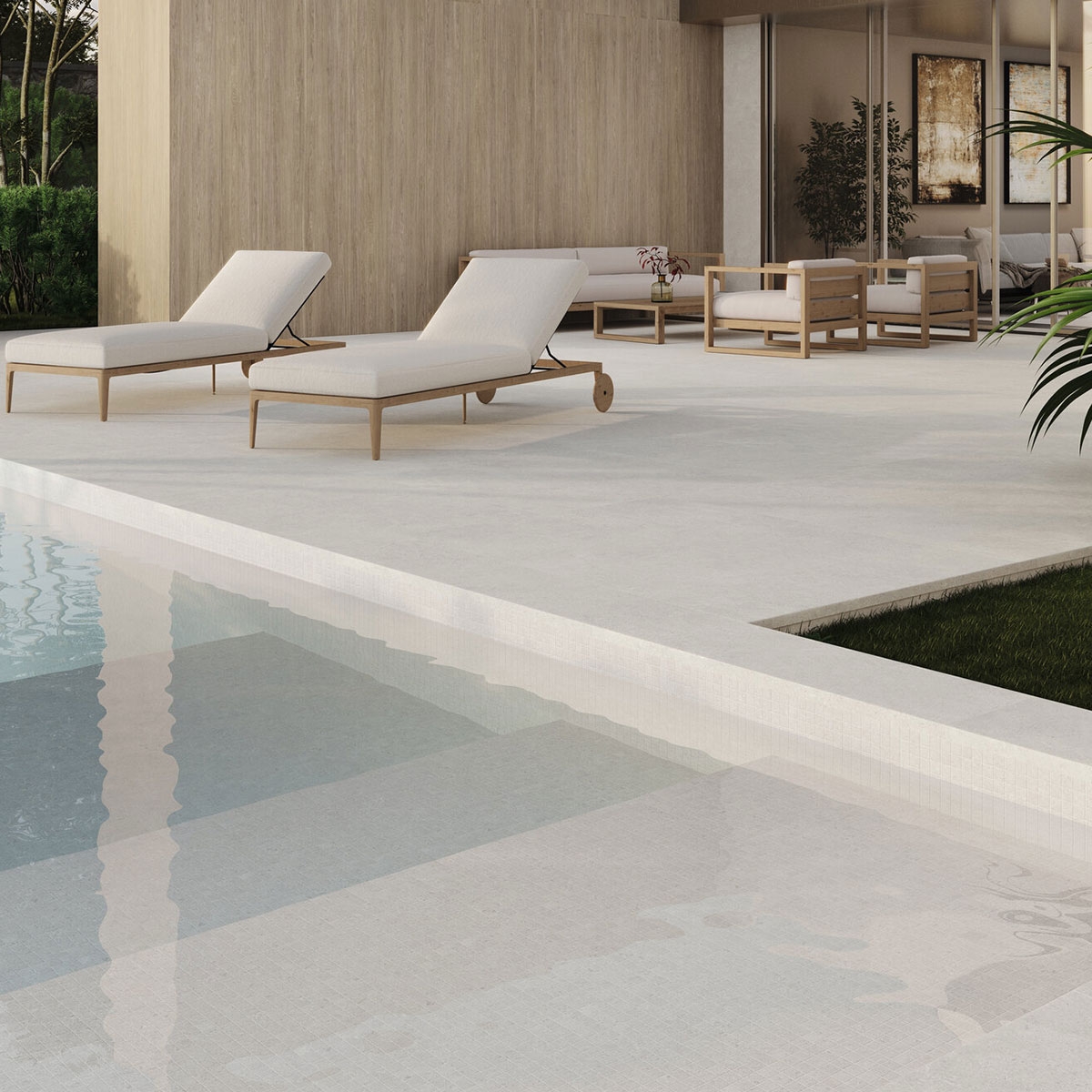 Piscina con pavimento Wabi Sabi Stru Bianco Antideslizante 60x120 (Caja de 1.44m2)