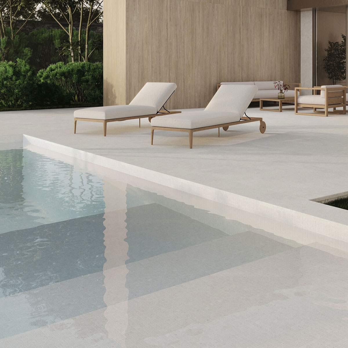 Exterior con pavimento Peldaño Recto Wabi Sabi Bianco Antideslizante 33x120 (Precio por pieza)