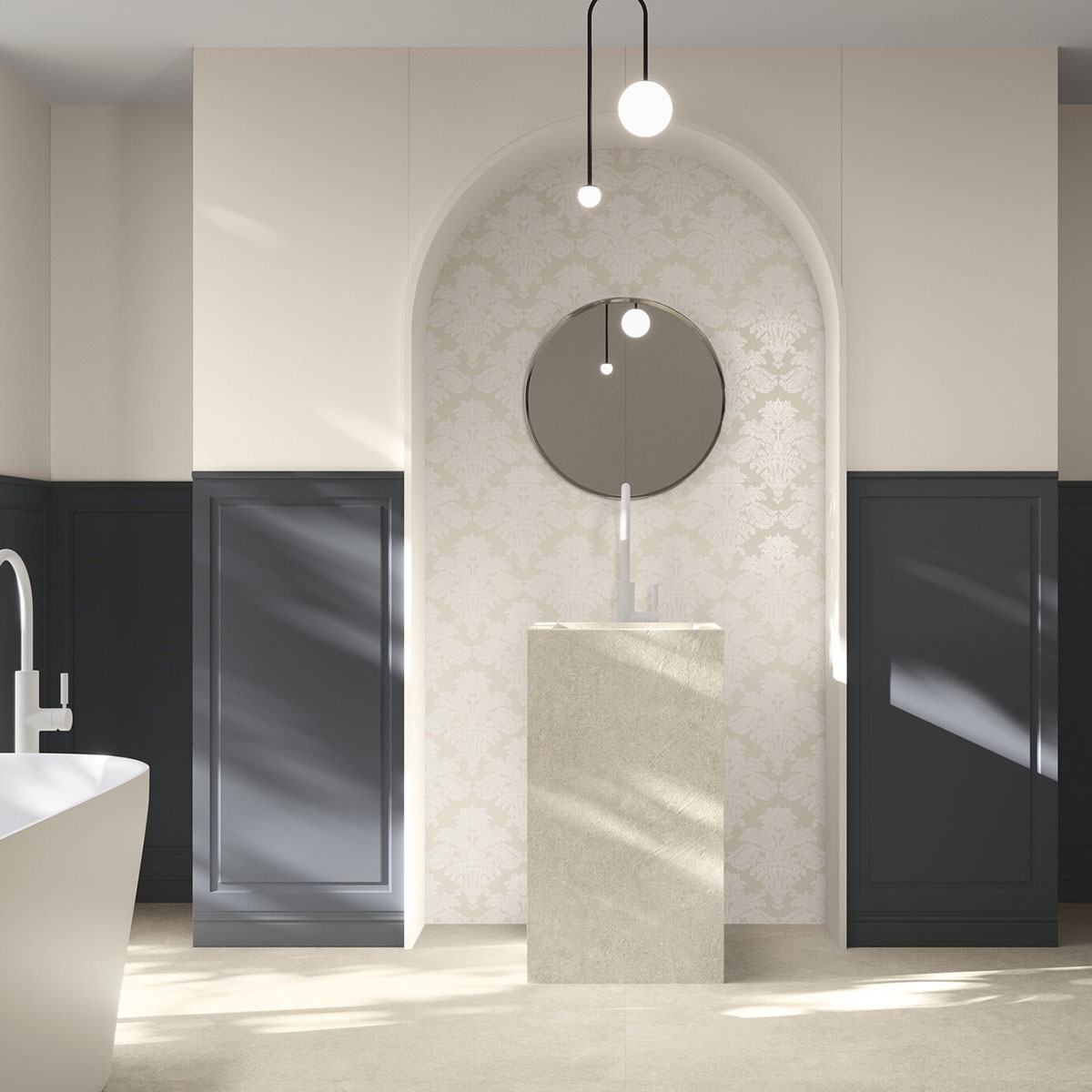 Baño con pavimento Wabi Sabi Sabbia Lapatto 120x120