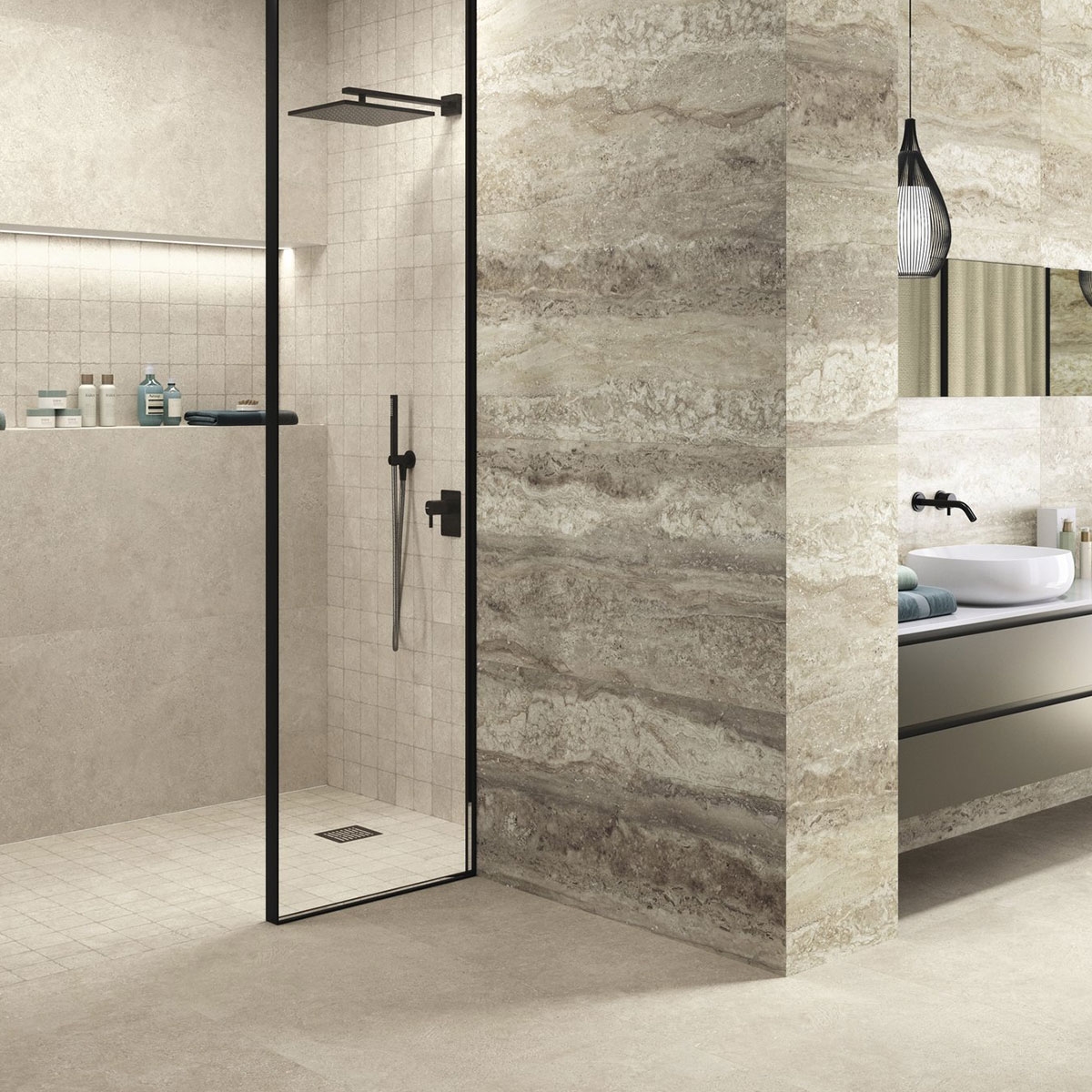 Baño con pavimento Wabi Sabi Stru Sabbia Antideslizante 60x120