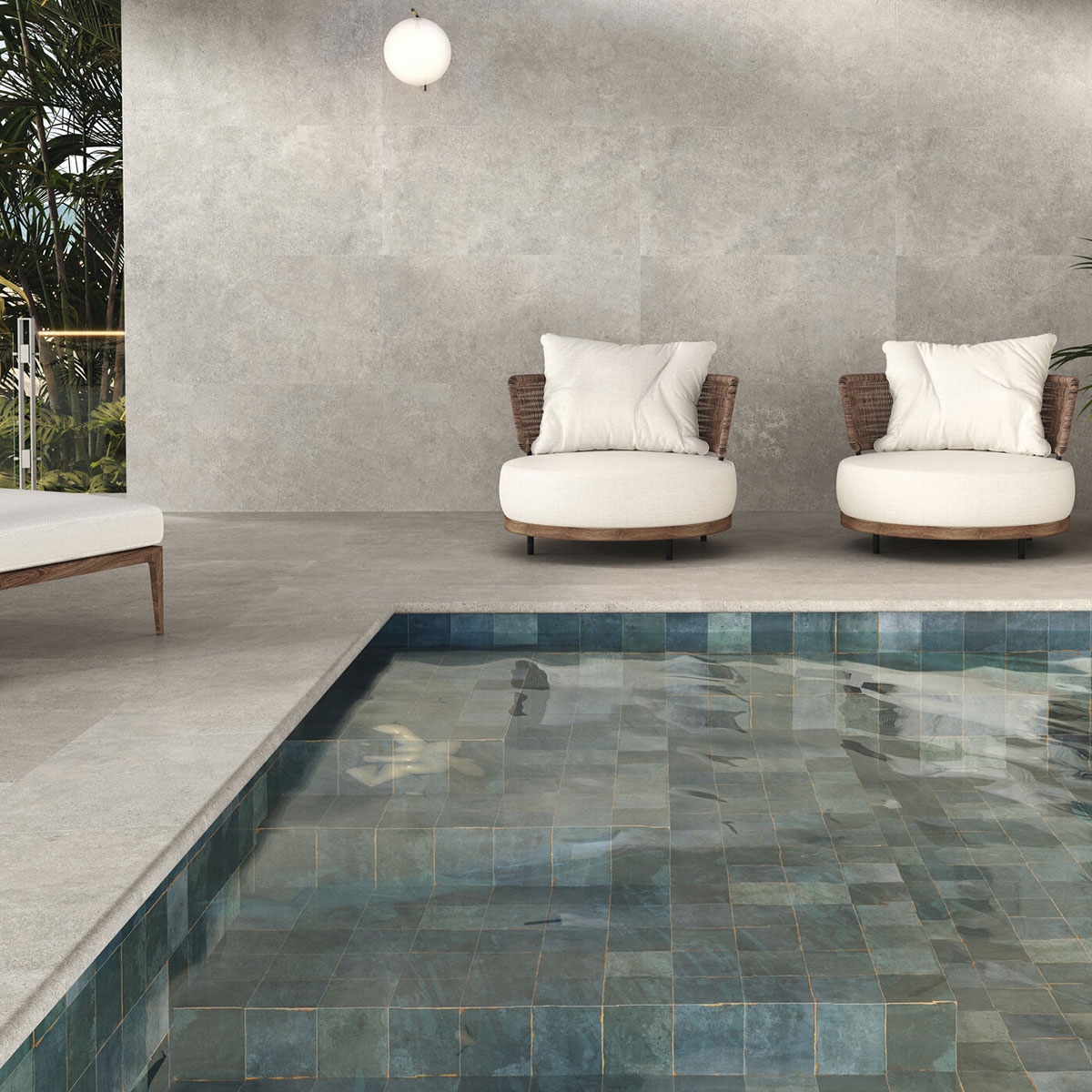 Piscina con pavimento Wabi Sabi Stru Taupe Antideslizante 60x120
