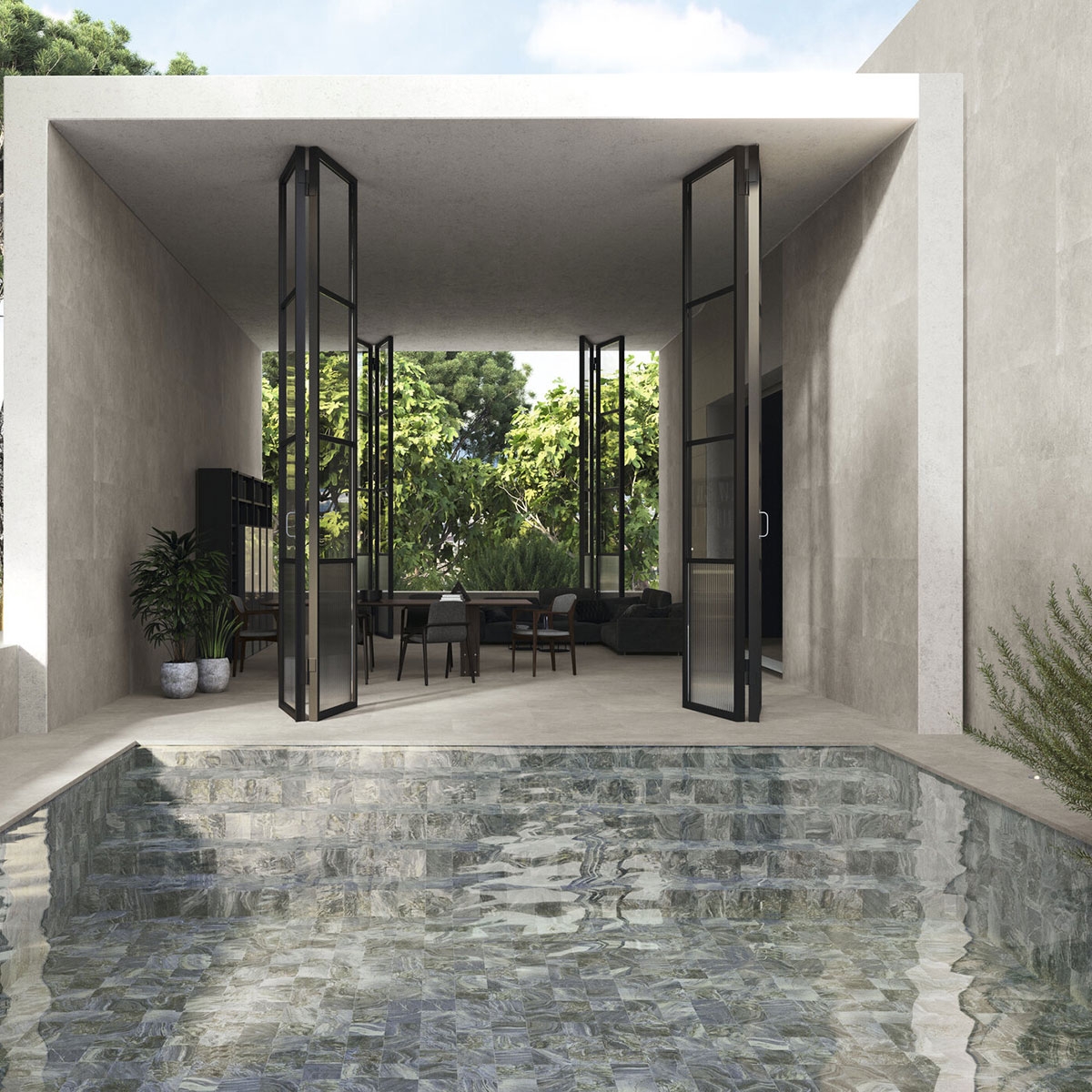 Piscina con pavimento Wabi Sabi Stru Taupe Antideslizante 60x120 (Caja de 1.44m2)