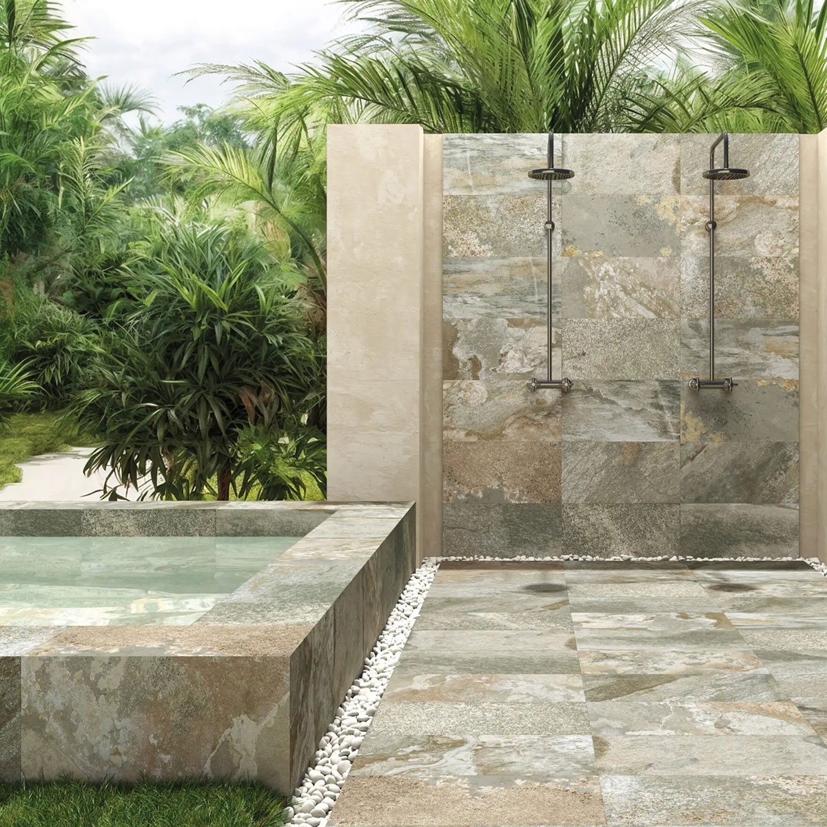 Exterior con pavimento y revestimiento Athenian Archeon Light 60x120