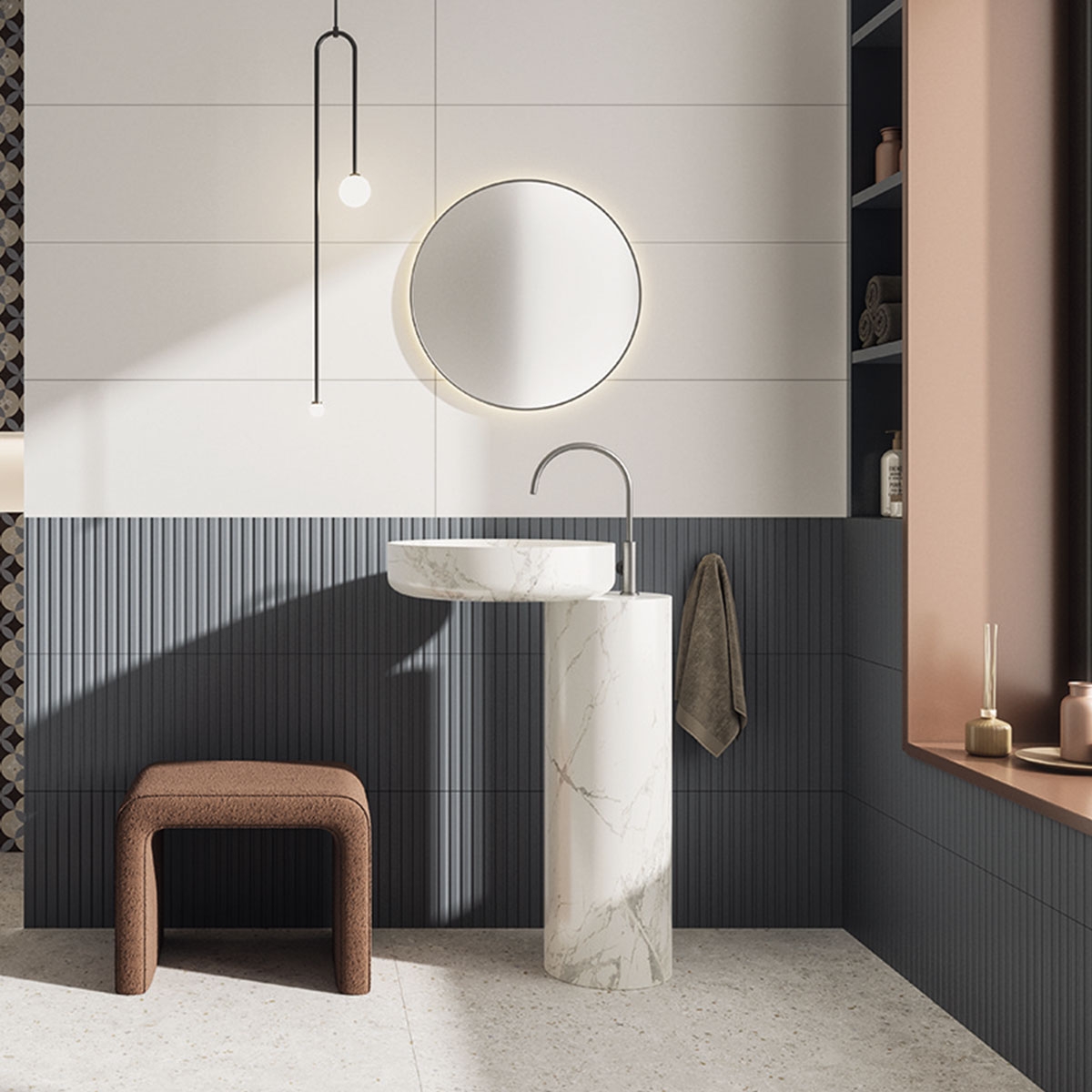 Baño con revestimiento Block Linea Steel Grey 30x90