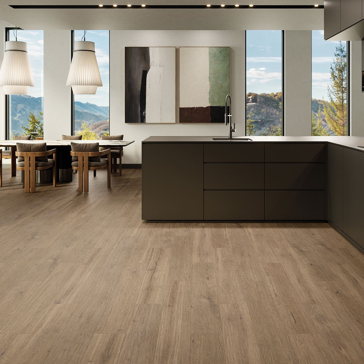Interior con pavimento Rovere Ombre Nature 20x120