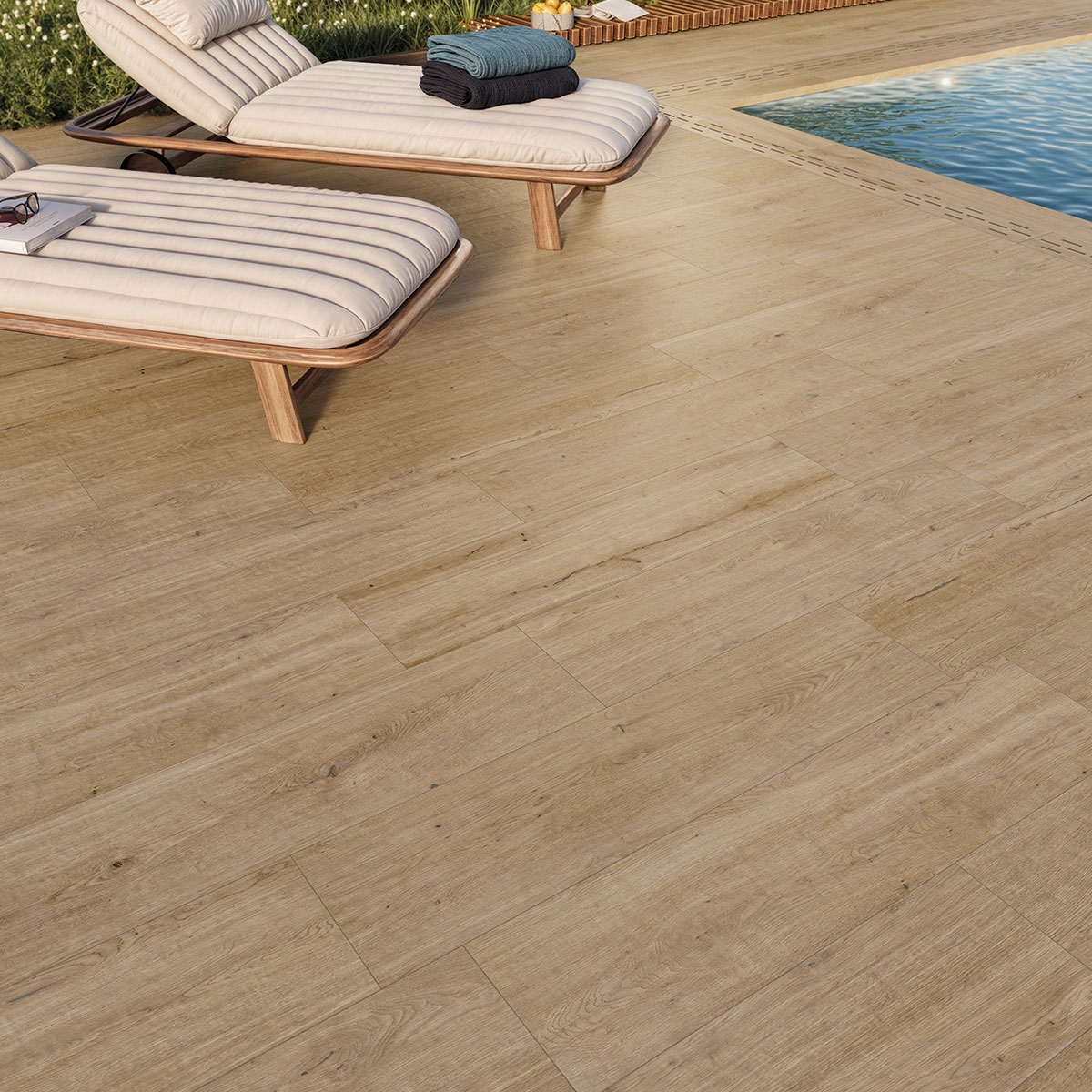 Exterior con pavimento Rovere Ombre Oak Antideslizante 29.5x120x2 (Caja 0.708m2)