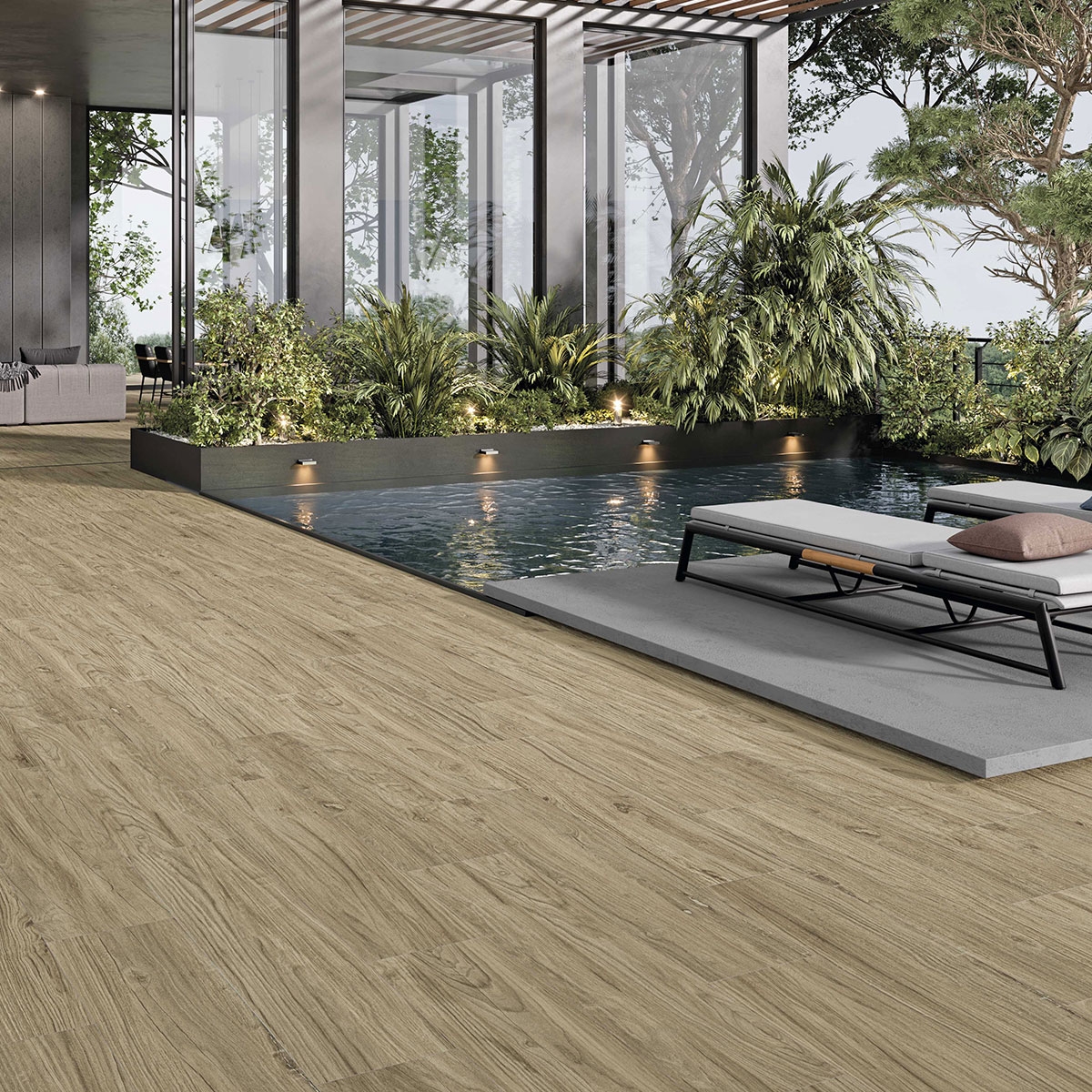 Exterior con pavimento Bosland Honey Antideslizante 29.5x120x2