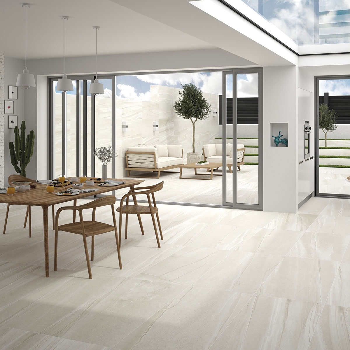 Interior con pavimento Burlington Cream 60x120