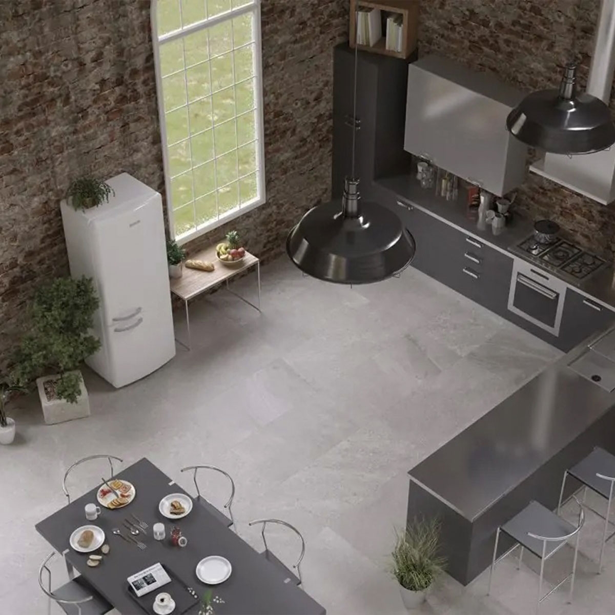 Cocina con pavimento Valley Smoke 60x120