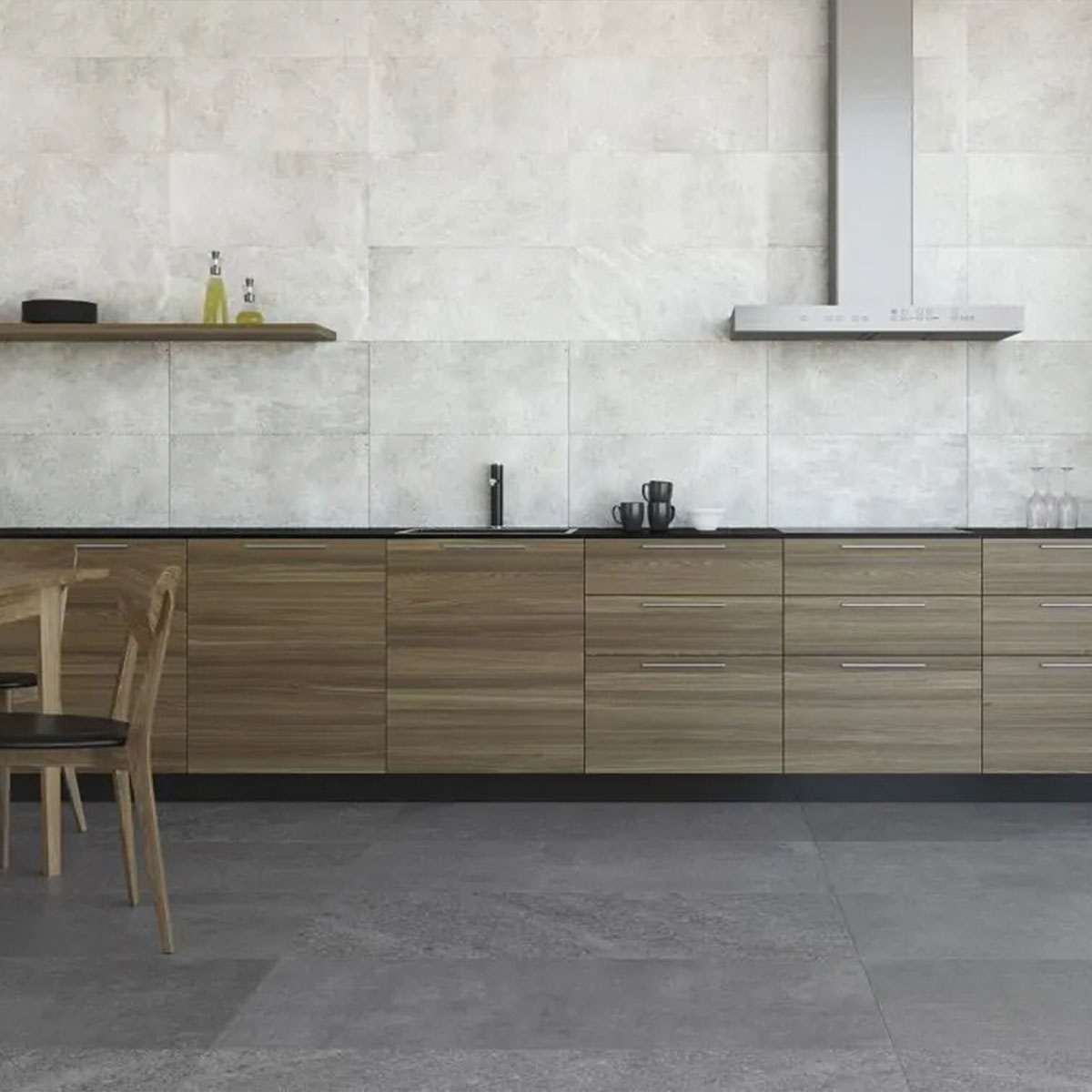 Cocina con pavimento Valley Grey 60x120