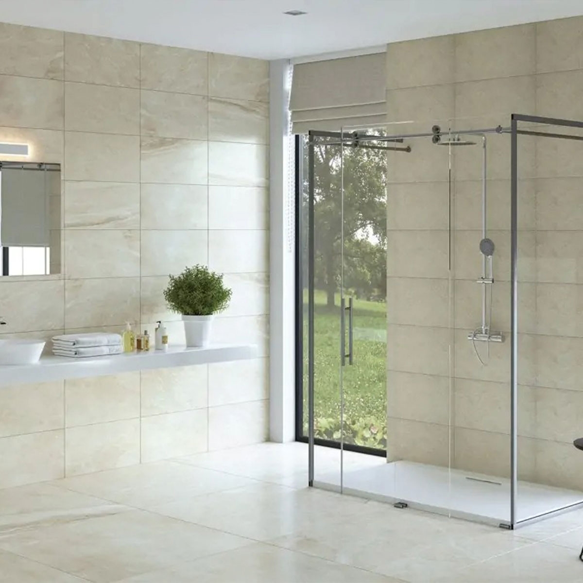 Baño con pavimento Valley Beige 100x100