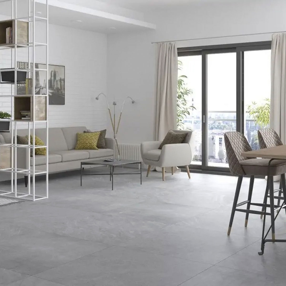 Sala con pavimento Valley Grey 100x100