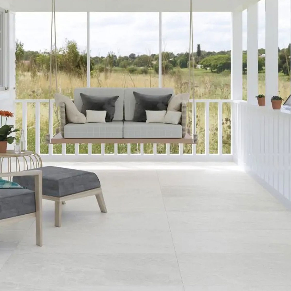 Exterior con pavimento Stonehenge White 60x120