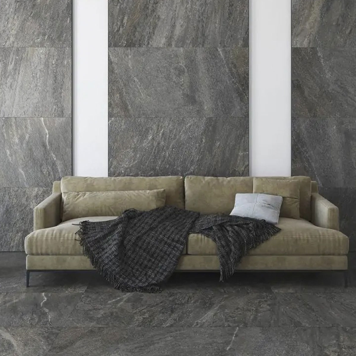 Interior con pavimento y revestimiento Stonehenge Oxide 60x120