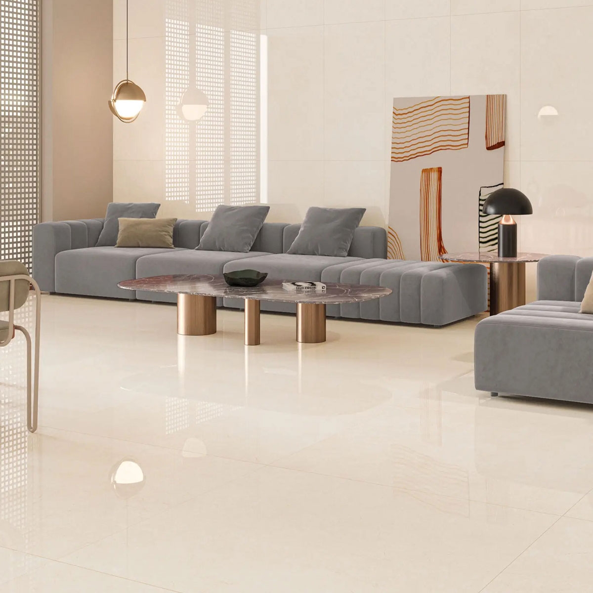 Interior con pavimento Serenity Cream 120x120