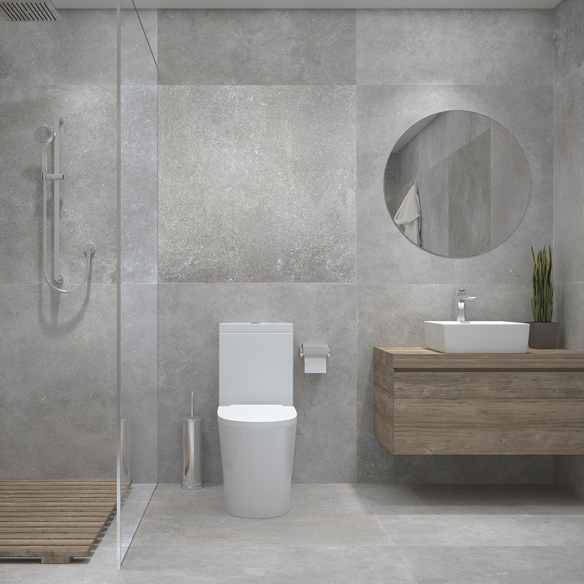 Baño con revestimiento Eternal Stone Grey 100x100