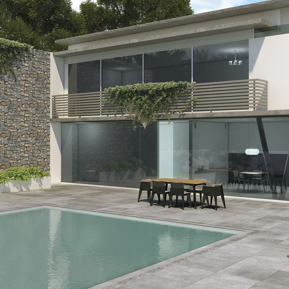 Exterior con pavimento Eternal Stone Grey Antideslizante 100x100x2