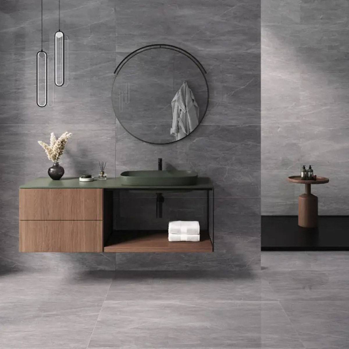 Baño con pavimento y revestimiento Rebel Pearl Mate 60x120
