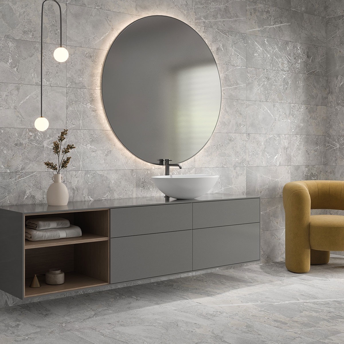 Baño con pavimento Highlands Stone 60x60