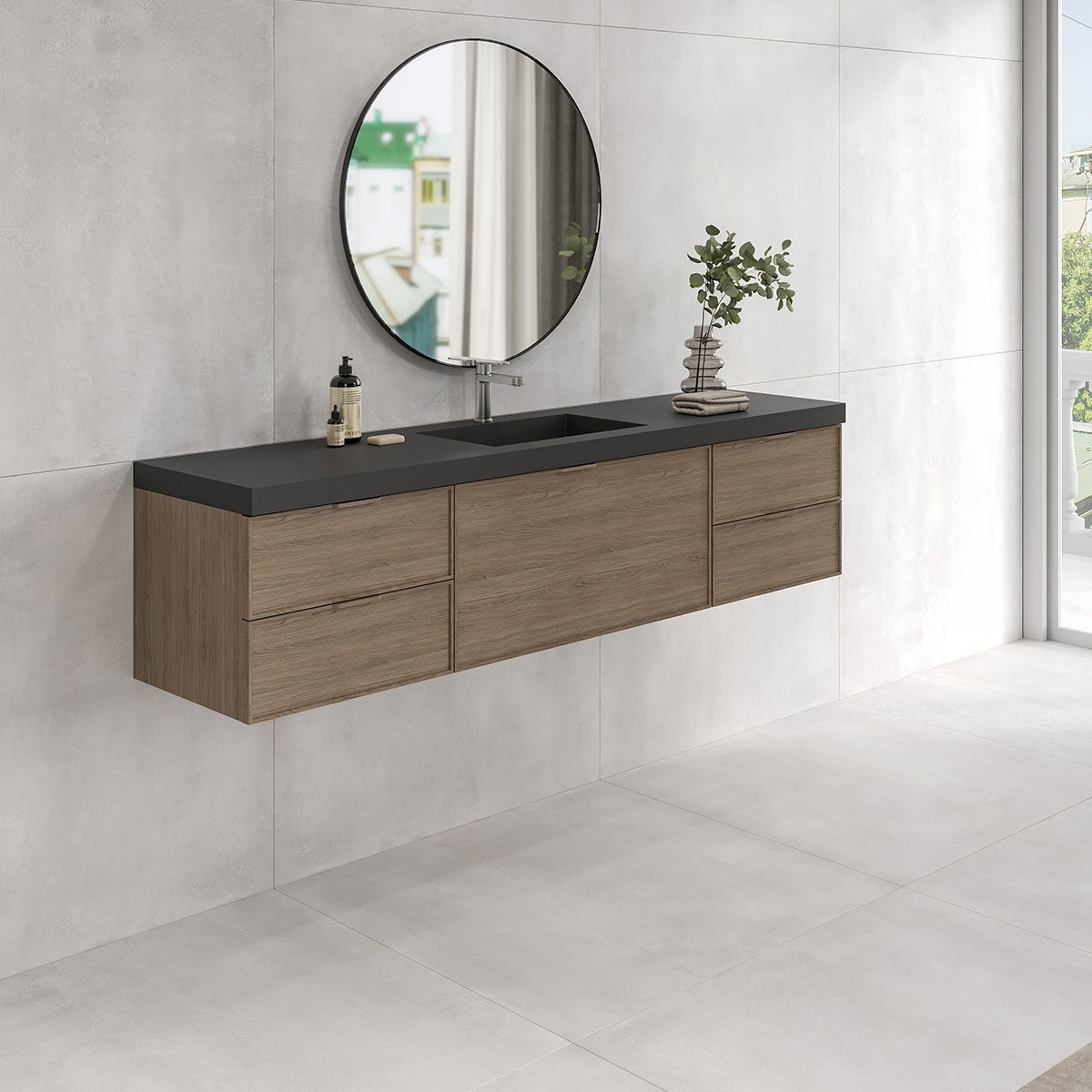Baño con pavimento y revestimiento Lightcrete White 100x100