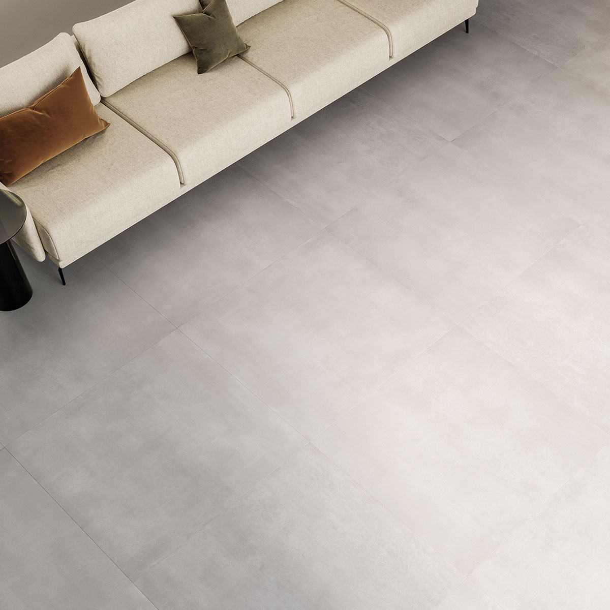 Interior con pavimento Lightcrete White 100x100