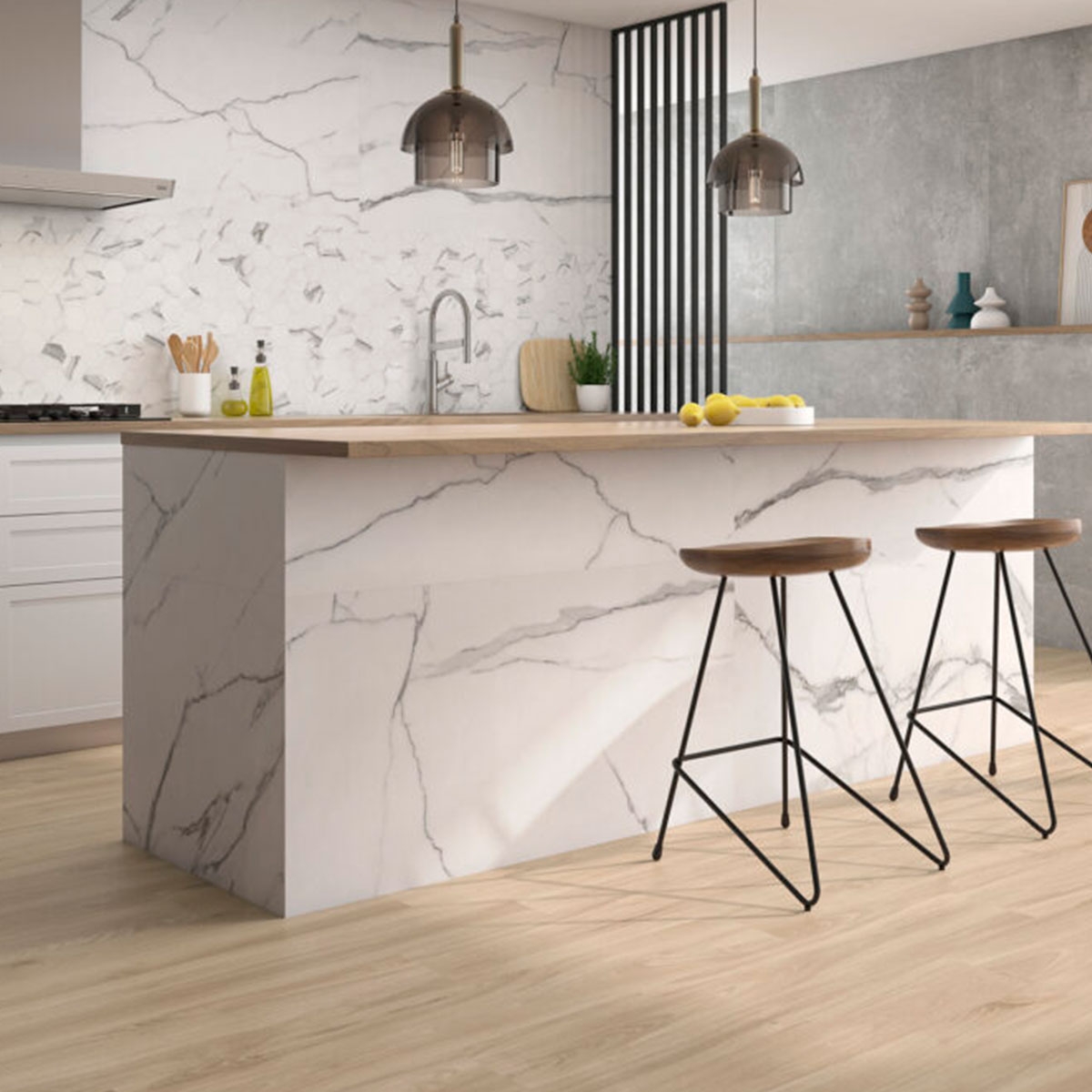 Cocina con Revestimiento Ground Gris 120x120