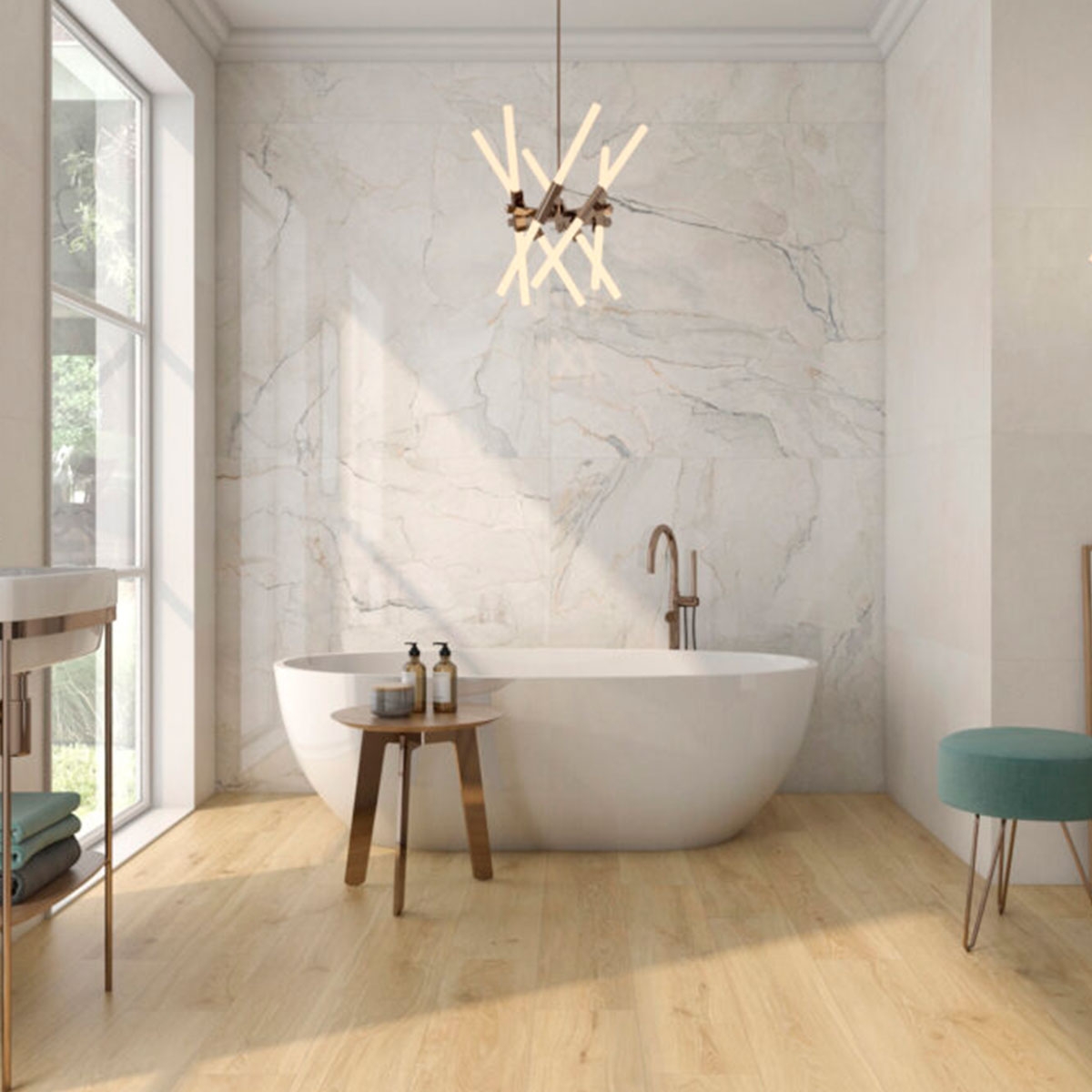 Baño con Pavimento Haru Miel 20x120 cm