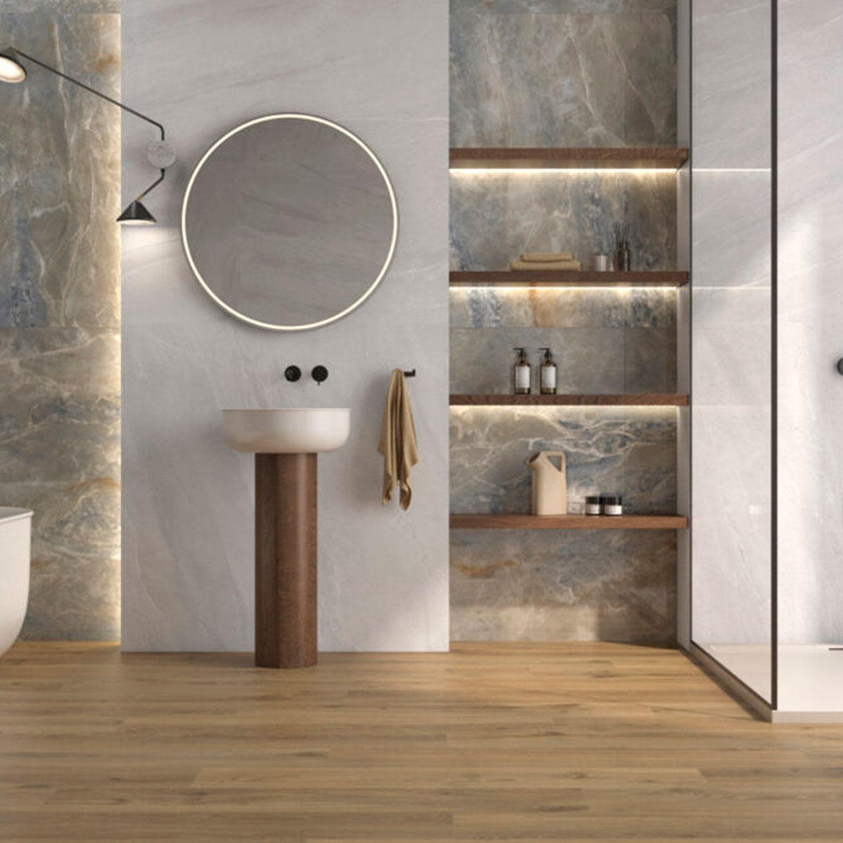 Baño con Pavimento Haru Tan 20x120 cm (Caja 1.68 m2)