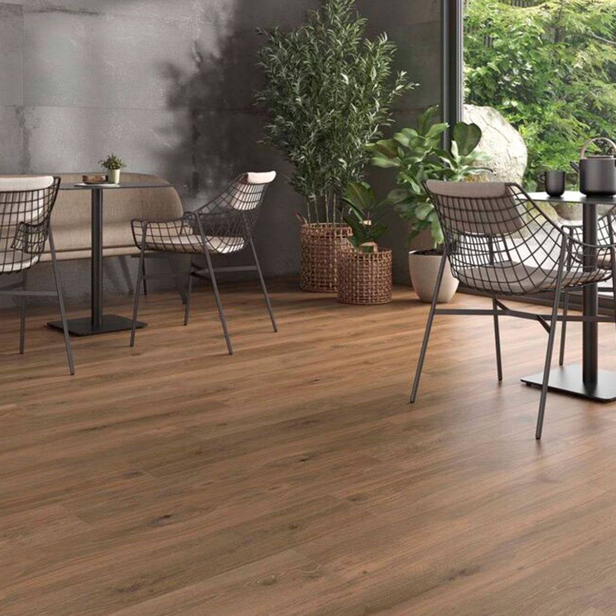 Sala con Pavimento Haru Roble 20x120 cm