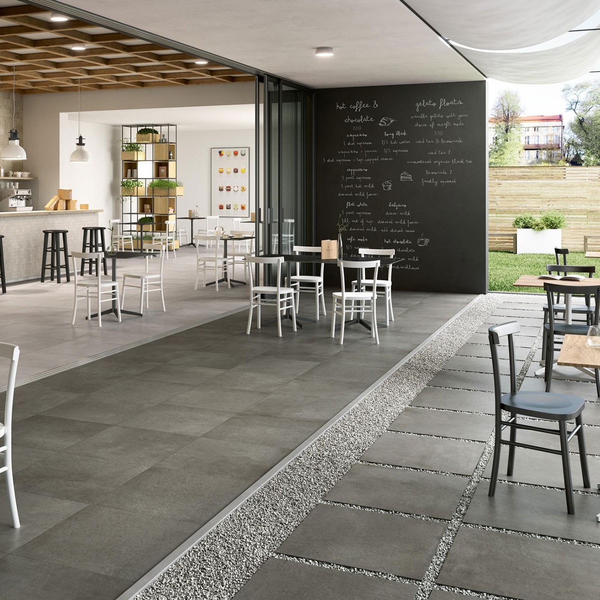 Interior con pavimento Plaster Grey 60x60