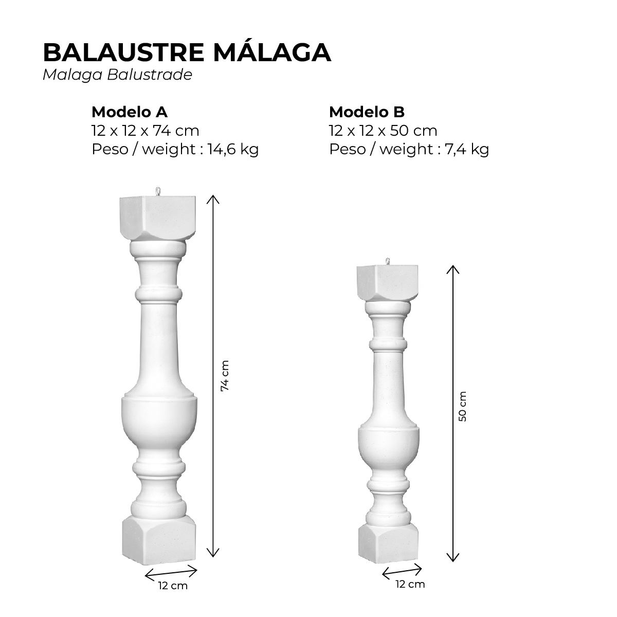 Balustre en béton préfabriqué modèle Malaga mesures