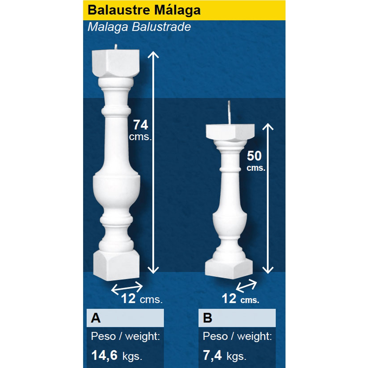 Balustre en béton préfabriqué modèle Malaga mesures