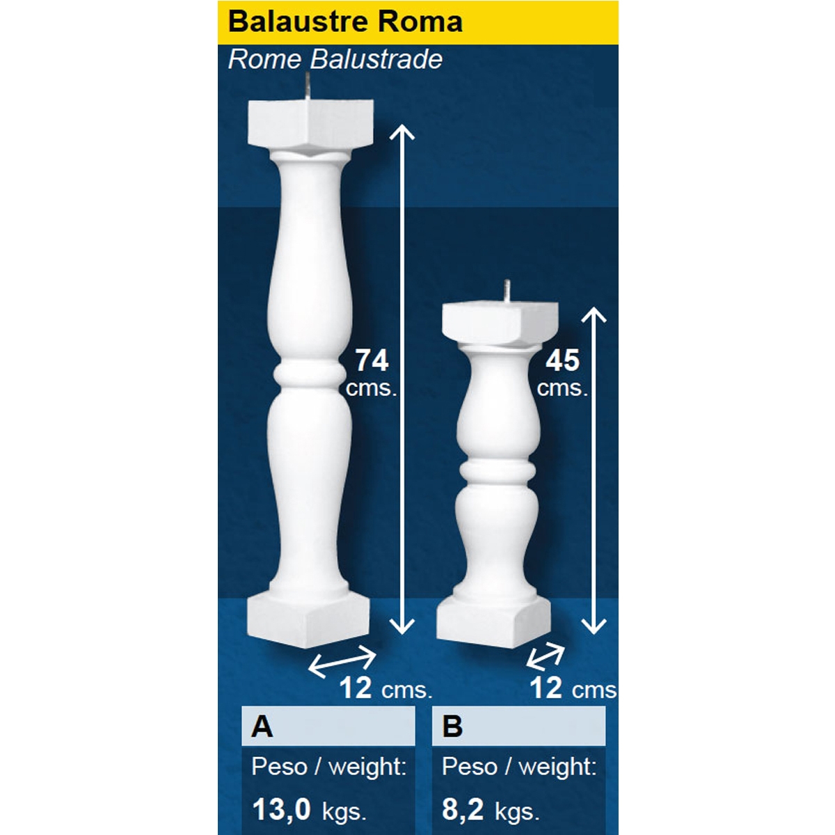 Prefabricated concrete baluster model Roma measures
