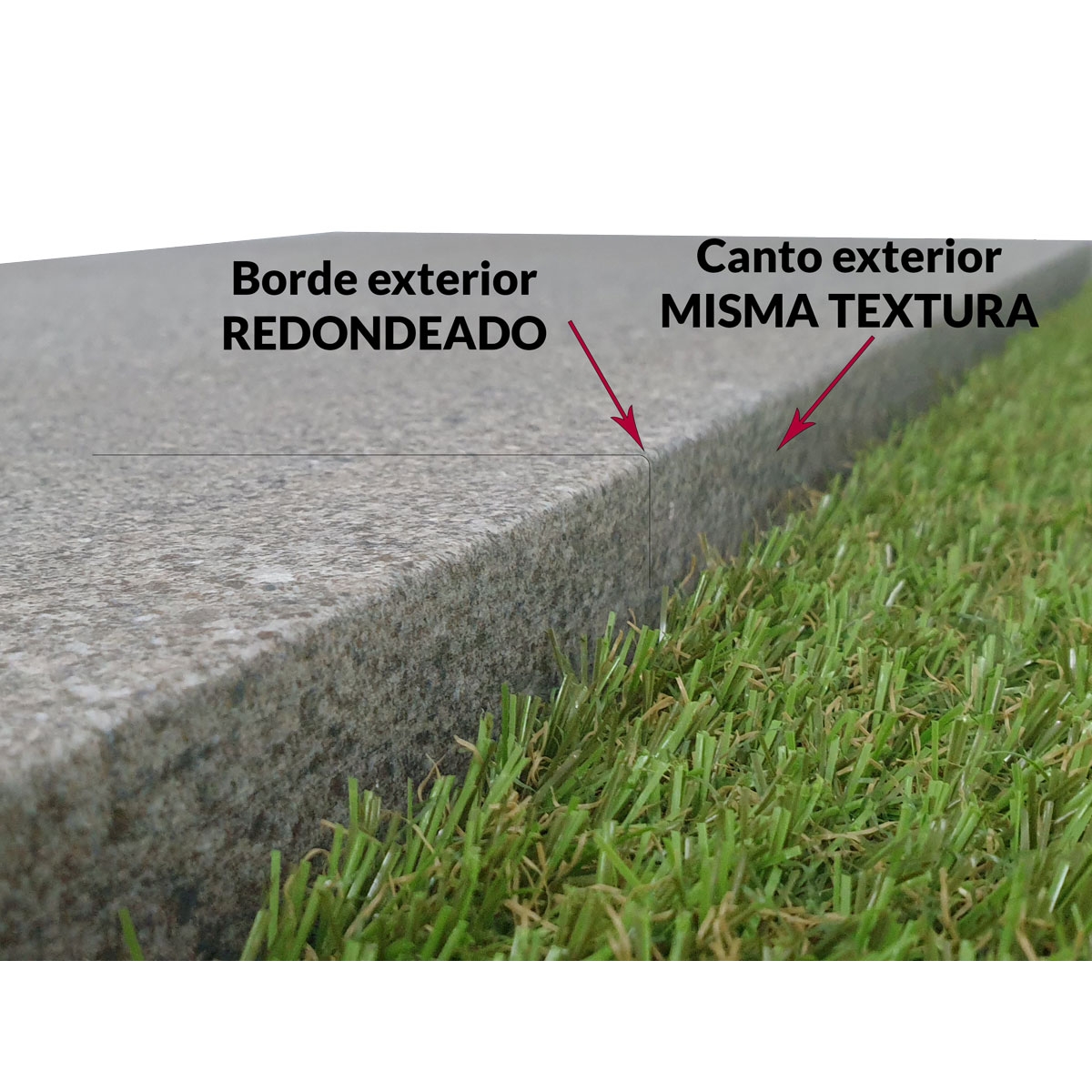 borde de piscina elevado redondeado y misma textura zona exterior