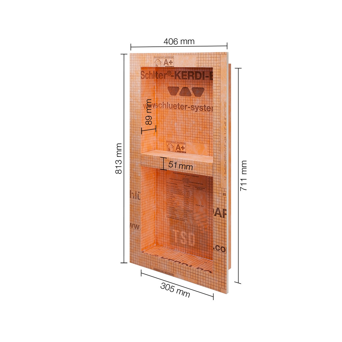 Prefabricated rectangular niche with bathroom shelf of 305x711x89 cm