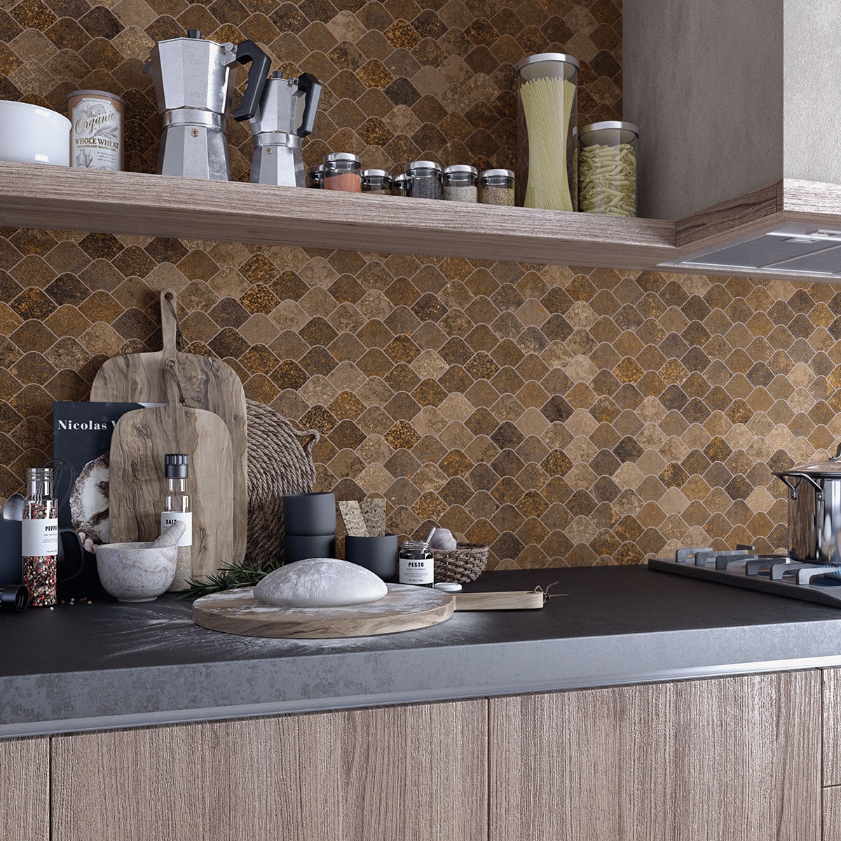 Cocina con Revestimiento Mosaico Korubo Caldera 30x30