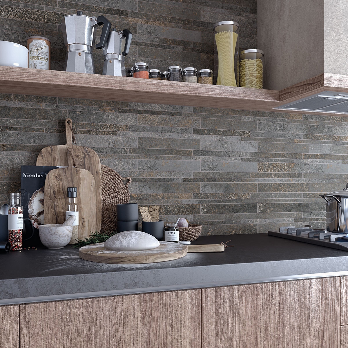 Cocina con Revestimiento Mosaico Nanti Basalto 30x30