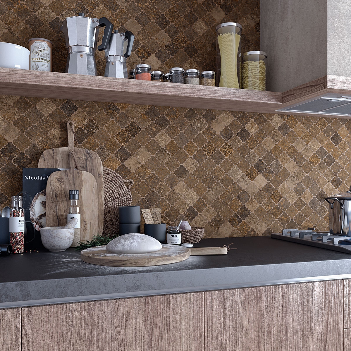 Cocina con Revestimiento Mosaico Nukak Caldera 30x30