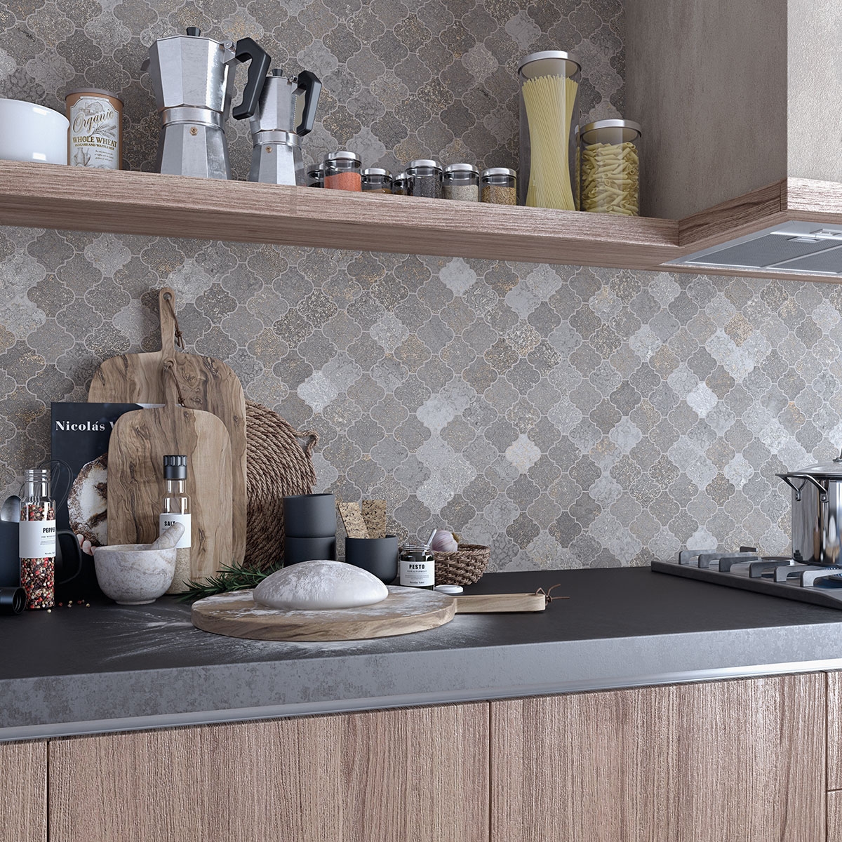 Cocina con Revestimiento Mosaico Nukak Grafito 30x30