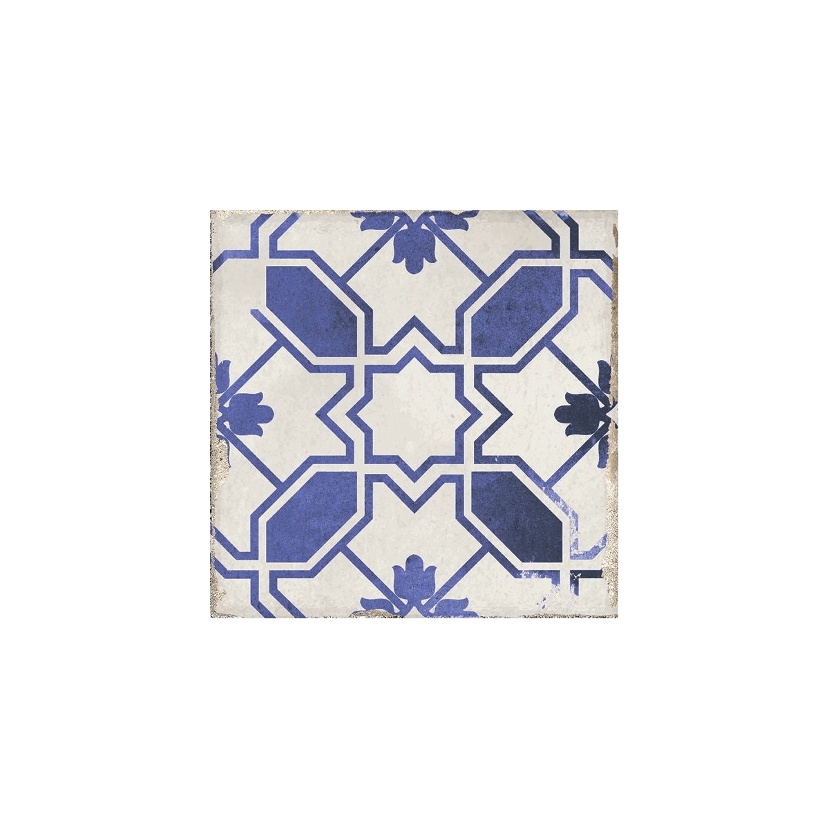 Caleta Blue Village modelo 15x15. Porcelanato com motivo decorativo de formas geométricas em azul sobre fundo branco e um