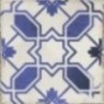 Modelo Caleta Blue Village 15x15. Baldosa porcelánica con motivo decorativo de formas geométricas en azul sobre fondo blanco y a