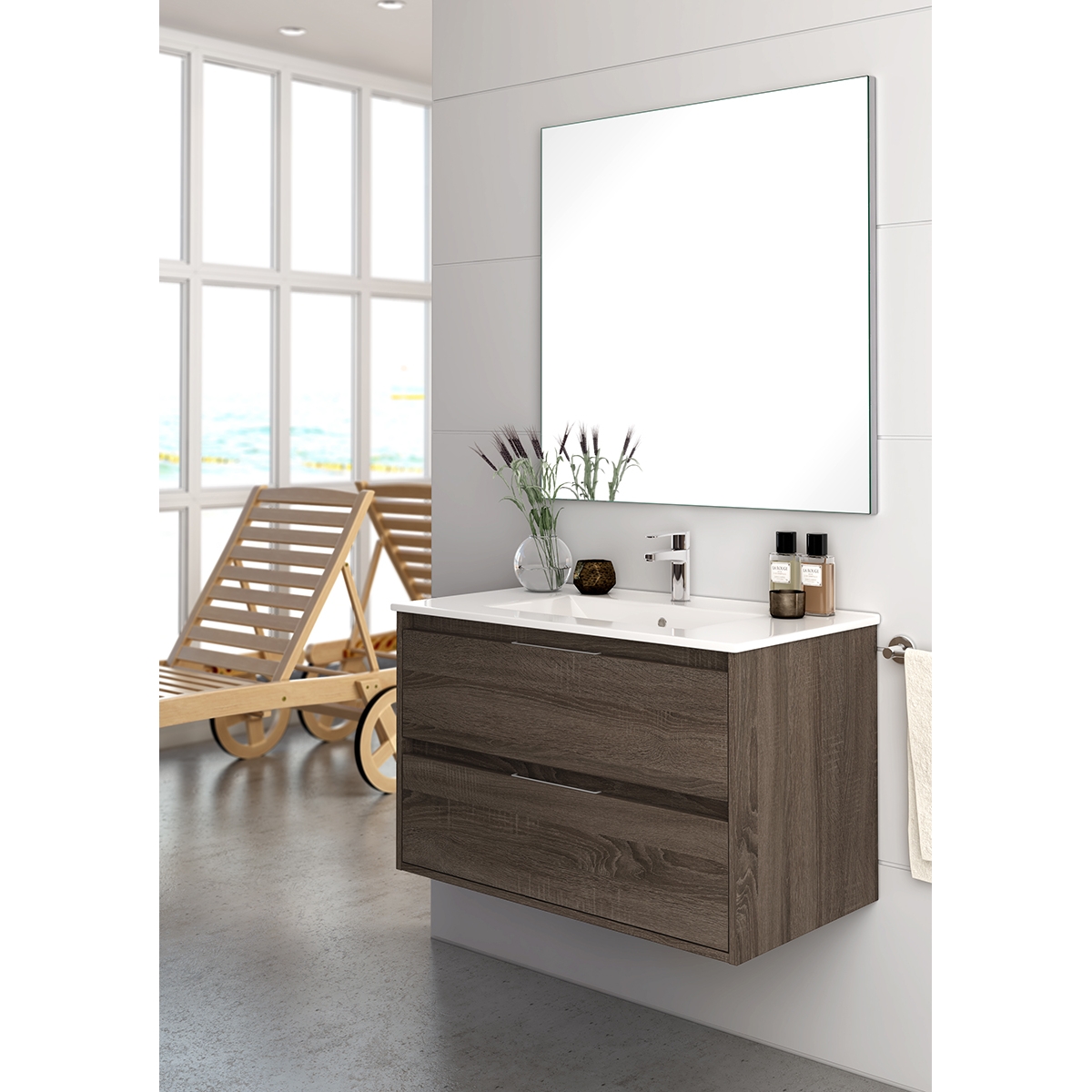 Foto de Mueble de baño suspendido Bolton de 60 cm de ancho color Britannia con lavabo integrado