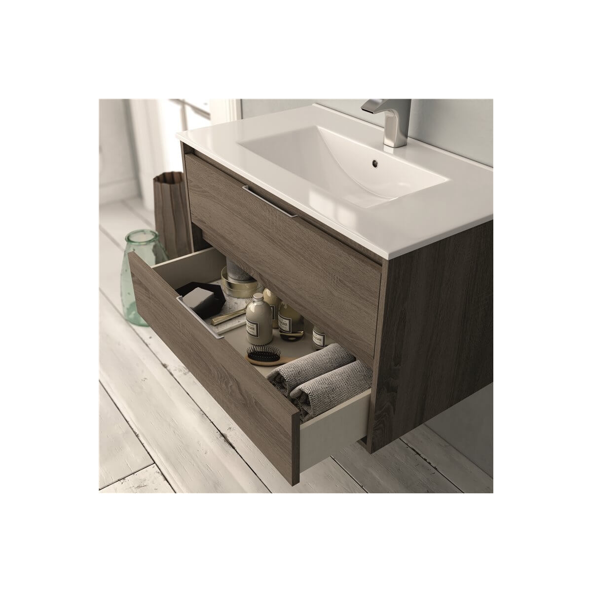 Image of Bolton 60 cm wide wall-hung bathroom furniture in Britannia color with integrated sink